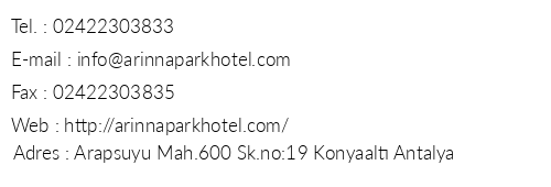Arinna Park Hotel telefon numaralar, faks, e-mail, posta adresi ve iletiim bilgileri